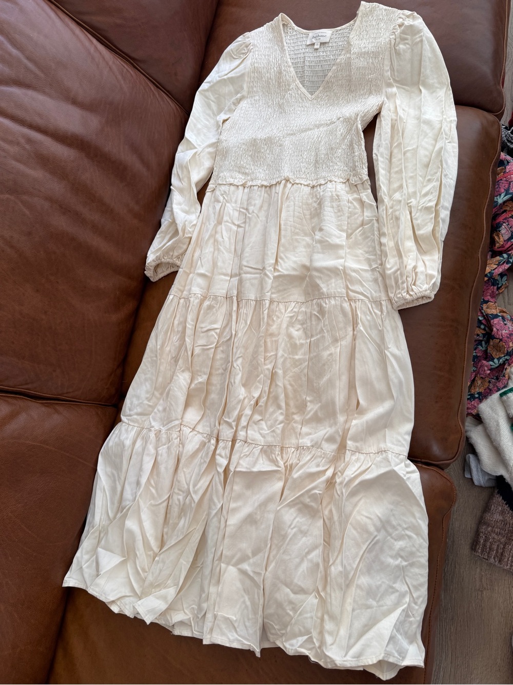 bohme Cream Smocked V-Neck Tiered Maxi Dress